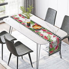 Aperturee - Aperturee Summer Watermelon Table Runner with Black Gingham Plaid for Farmhouse Kitchen and Outdoor BBQ Dining