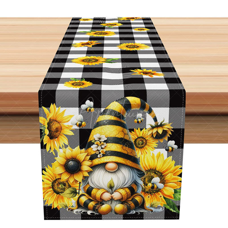 Aperturee - Aperturee Sunflower and Bee Table Runner with Black Plaid for Farmhouse Kitchen Decor with Gnome and Buffalo Check