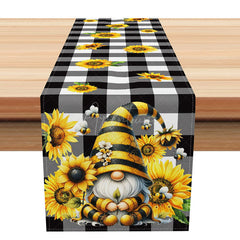 Aperturee - Aperturee Sunflower and Bee Table Runner with Black Plaid for Farmhouse Kitchen Decor with Gnome and Buffalo Check