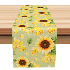 Aperturee - Aperturee Sunflower and Honey Bee Table Runner Green Honeycomb Print Farmhouse ’Bee Happy’ Kitchen Decor