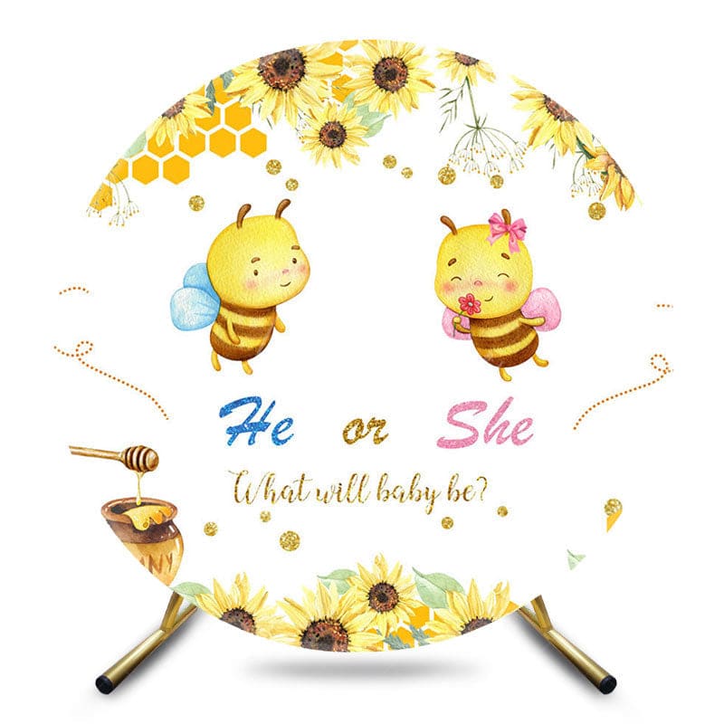 Aperturee - Aperturee Sunflower Bee He Or She Round Gender Reveal Backdrop