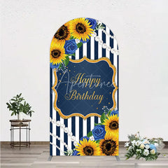 Aperturee - Aperturee Sunflower Blue Rose Birthday Arch Backdrop Navy Stripe Floral Party Decoration Gold Frame Pearl Background