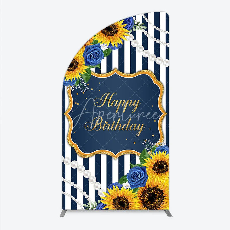 Aperturee - Aperturee Sunflower Blue Rose Birthday Half Moon Arch Backdrop Navy Stripe Floral Party Decoration Gold Frame Pearl Background