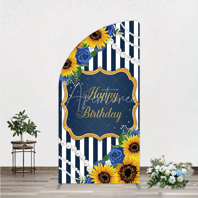 Aperturee - Aperturee Sunflower Blue Rose Birthday Half Moon Arch Backdrop Navy Stripe Floral Party Decoration Gold Frame Pearl Background