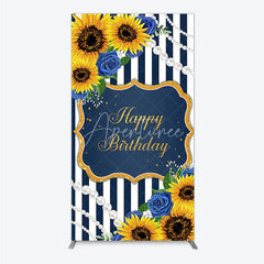 Aperturee - Aperturee Sunflower Blue Rose Birthday Rectangle Backdrop Navy Stripe Floral Party Decoration Gold Frame Pearl Background