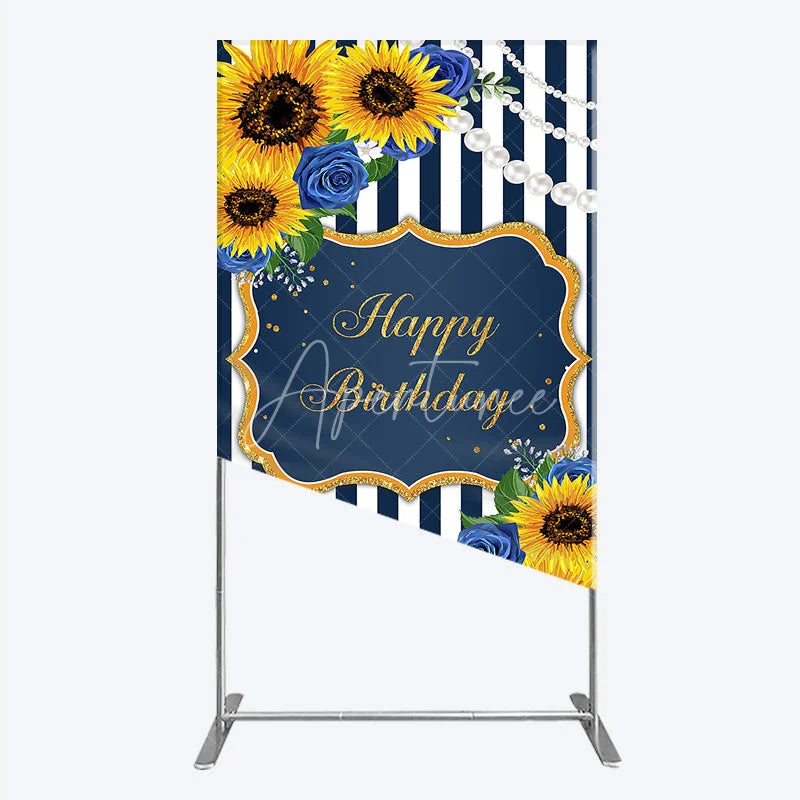 Aperturee - Aperturee Sunflower Blue Rose Birthday Rectangle Backdrop Navy Stripe Floral Party Decoration Gold Frame Pearl Background