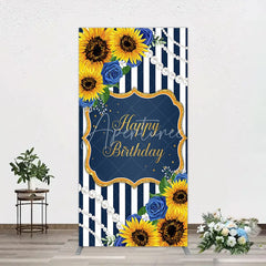 Aperturee - Aperturee Sunflower Blue Rose Birthday Rectangle Backdrop Navy Stripe Floral Party Decoration Gold Frame Pearl Background
