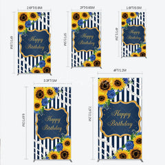 Aperturee - Aperturee Sunflower Blue Rose Birthday Rectangle Backdrop Navy Stripe Floral Party Decoration Gold Frame Pearl Background