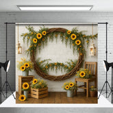 Aperturee - Aperturee Sunflower Circle Boho White Brick Wedding Backdrop