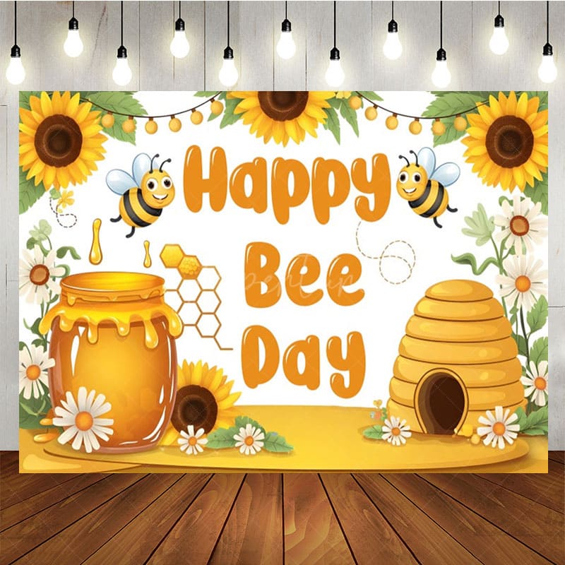 Aperturee - Aperturee Sunflower Happy Bee Day Cartoon Birthday Backdrop