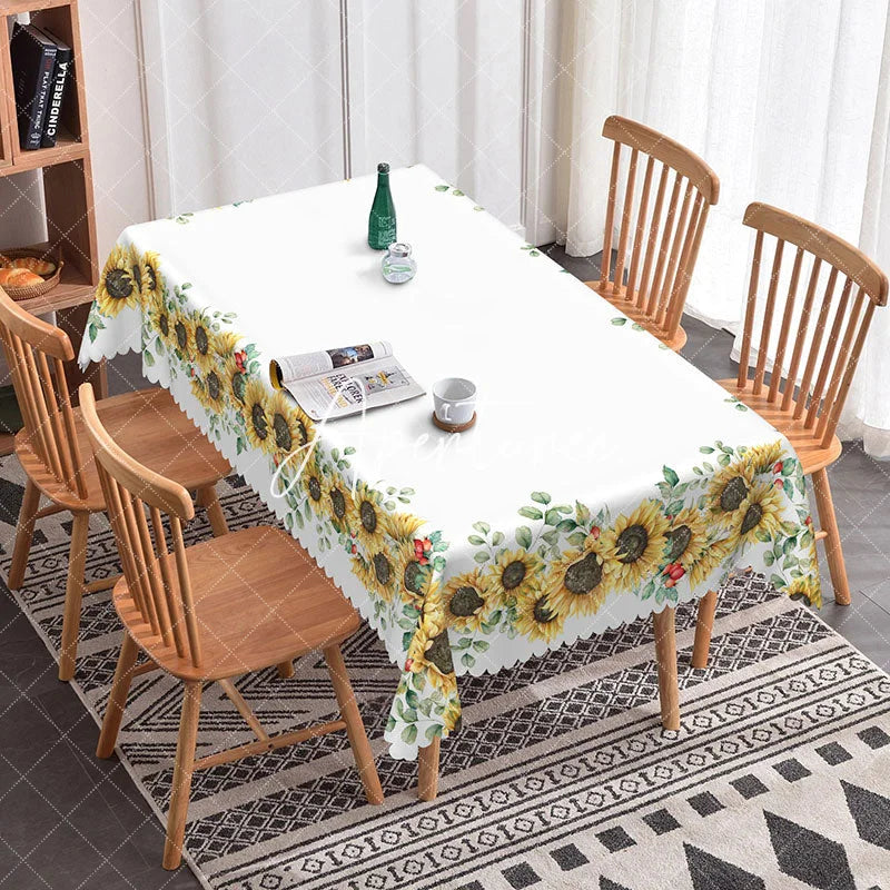 Aperturee - Aperturee Sunflower Pattern Edge Decorated Dining Tablecloth