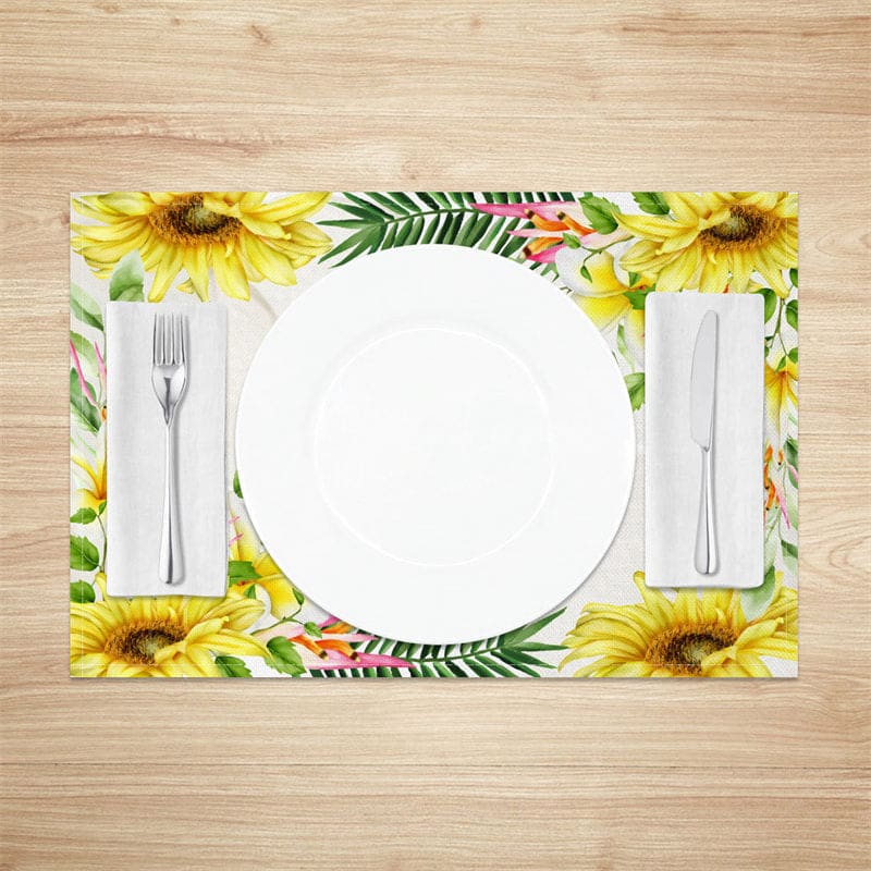 Aperturee - Aperturee Sunflower Pine Leaves Water Stains Set Of 4 Placemats