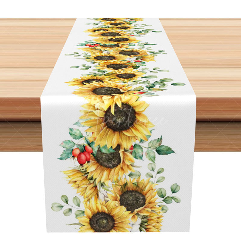 Aperturee - Aperturee Sunflower Spring Theme Table Runner Yellow Floral on a White Background Fresh Farmhouse Kitchen or Dining Decor