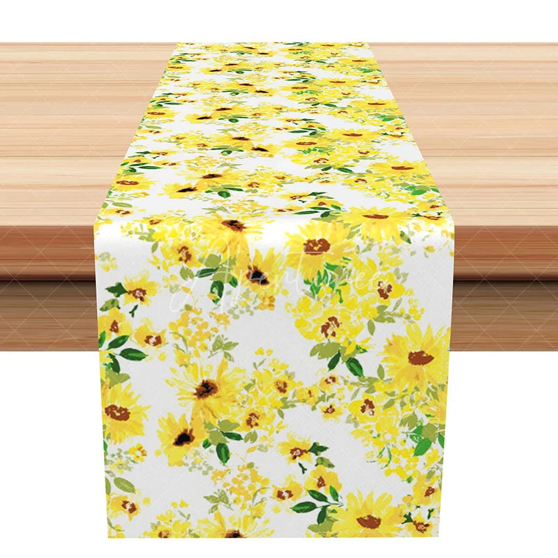 Aperturee - Aperturee Sunflower Table Runner on White Yellow Floral for Summer Fall Harvest and Farmhouse Kitchen Dining Decor