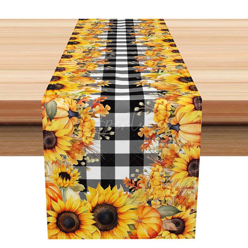 Aperturee - Aperturee Sunflower Table Runner with Black and White Buffalo Plaid for Modern Farmhouse Fall Kitchen Decor