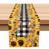 Aperturee - Aperturee Sunflower Table Runner with Black and White Buffalo Plaid for Modern Farmhouse Fall Kitchen Decor