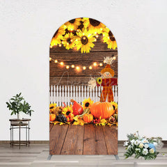 Aperturee - Aperturee Sunflowers Pumpkin Autumn Wood Fence Arch Backdrop