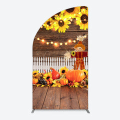 Aperturee - Aperturee Sunflowers Pumpkin Autumn Wood Fence Half Moon Arch Backdrop