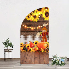 Aperturee - Aperturee Sunflowers Pumpkin Autumn Wood Fence Half Moon Arch Backdrop
