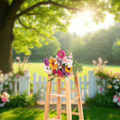 Aperturee - Aperturee Sunlight Green Grass Tree Floral Fence Summer Backdrop