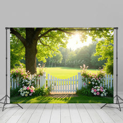 Aperturee - Aperturee Sunlight Green Grass Tree Floral Fence Summer Backdrop