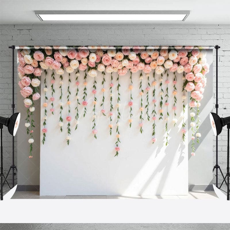 Aperturee - Aperturee Sunlight Pink Peonies White Wall Wedding Backdrop