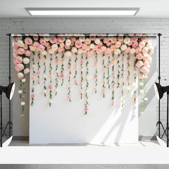 Aperturee - Aperturee Sunlight Pink Peonies White Wall Wedding Backdrop
