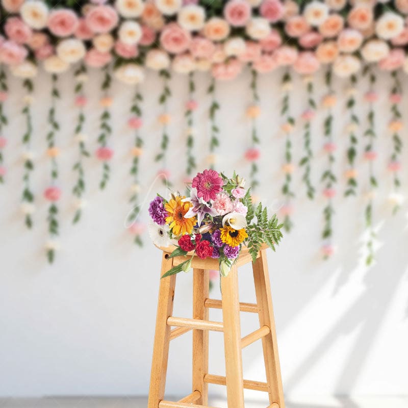 Aperturee - Aperturee Sunlight Pink Peonies White Wall Wedding Backdrop