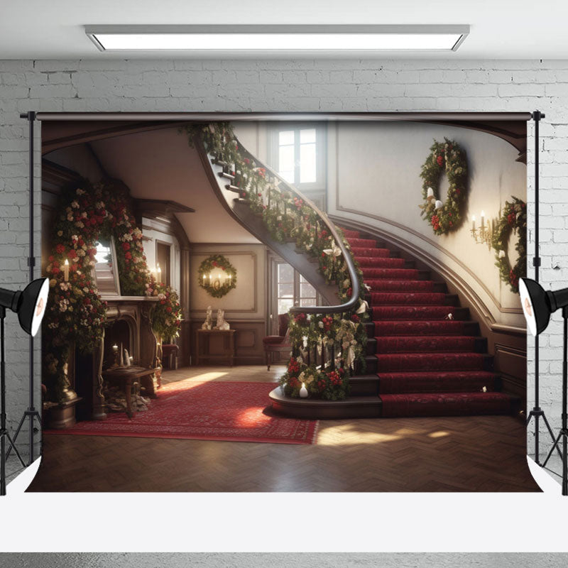 Aperturee - Aperturee Sunlight Vintage House Stairs Christmas Vibe Backdrop