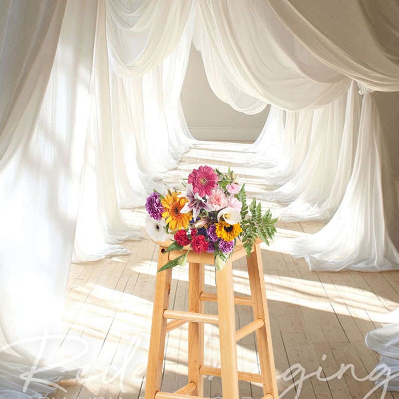Aperturee - Aperturee Sunlight White Flowy Drapery Wood Floor Backdrop