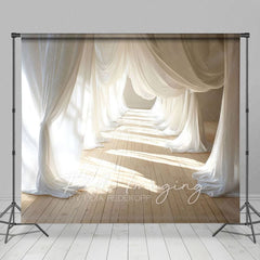 Aperturee - Aperturee Sunlight White Flowy Drapery Wood Floor Backdrop