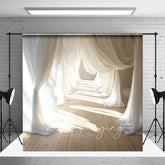 Aperturee - Aperturee Sunlight White Flowy Drapery Wood Floor Backdrop