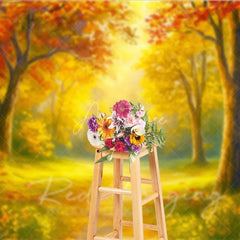 Aperturee - Aperturee Sunlit Autumn Forest Photography Backdrop Painterly Fall Scene with Yellow Leaves Thanksgiving Photo Background