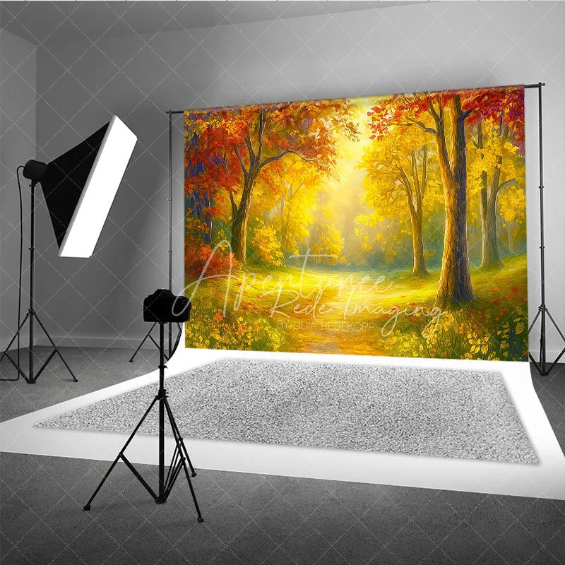 Aperturee - Aperturee Sunlit Autumn Forest Photography Backdrop Painterly Fall Scene with Yellow Leaves Thanksgiving Photo Background