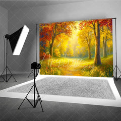 Aperturee - Aperturee Sunlit Autumn Forest Photography Backdrop Painterly Fall Scene with Yellow Leaves Thanksgiving Photo Background