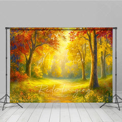 Aperturee - Aperturee Sunlit Autumn Forest Photography Backdrop Painterly Fall Scene with Yellow Leaves Thanksgiving Photo Background