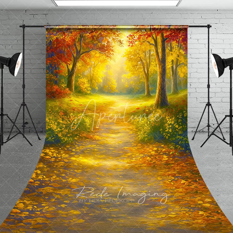 Aperturee - Aperturee Sunlit Autumn Forest Sweep Backdrop Painterly Fall Scene with Yellow Leaves Thanksgiving Photo Floor Drop