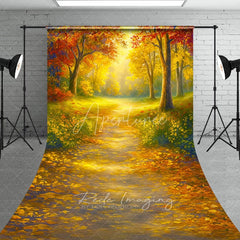 Aperturee - Aperturee Sunlit Autumn Forest Sweep Backdrop Painterly Fall Scene with Yellow Leaves Thanksgiving Photo Floor Drop