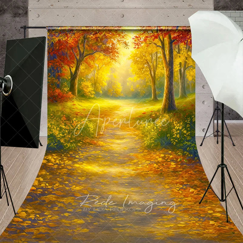Aperturee - Aperturee Sunlit Autumn Forest Sweep Backdrop Painterly Fall Scene with Yellow Leaves Thanksgiving Photo Floor Drop
