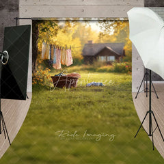 Aperturee - Aperturee Sunny Backyard Clothesline Photography Backdrop Summer Green Grass Rustic House Landscape Background