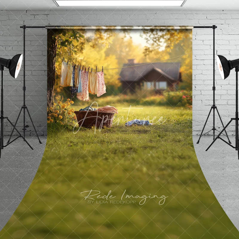 Aperturee - Aperturee Sunny Backyard Clothesline Photography Backdrop Summer Green Grass Rustic House Landscape Background