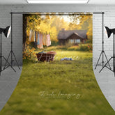 Aperturee - Aperturee Sunny Backyard Clothesline Photography Backdrop Summer Green Grass Rustic House Landscape Background
