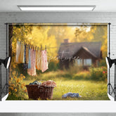 Aperturee - Aperturee Sunny Garden Cottage Backdrop Laundry Line and Flowers Spring Photography Background Rustic Country Scene