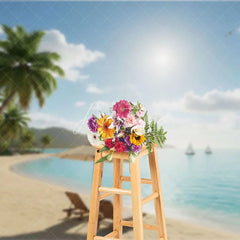 Aperturee - Aperturee Sunny Tropical Beach Photography Backdrop with Lush Palm Trees Turquoise Ocean and Relaxing Beach Chairs
