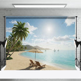 Aperturee - Aperturee Sunny Tropical Beach Photography Backdrop with Lush Palm Trees Turquoise Ocean and Relaxing Beach Chairs