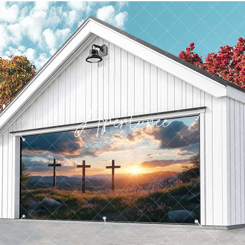 Aperturee - Aperturee Sunrise Cloud Field Cross Easter Garage Door Banner