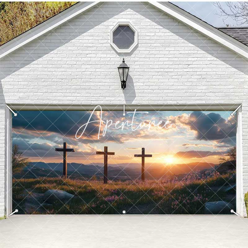 Aperturee - Aperturee Sunrise Cloud Field Cross Easter Garage Door Banner