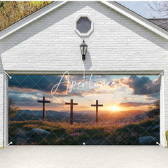 Aperturee - Aperturee Sunrise Cloud Field Cross Easter Garage Door Banner