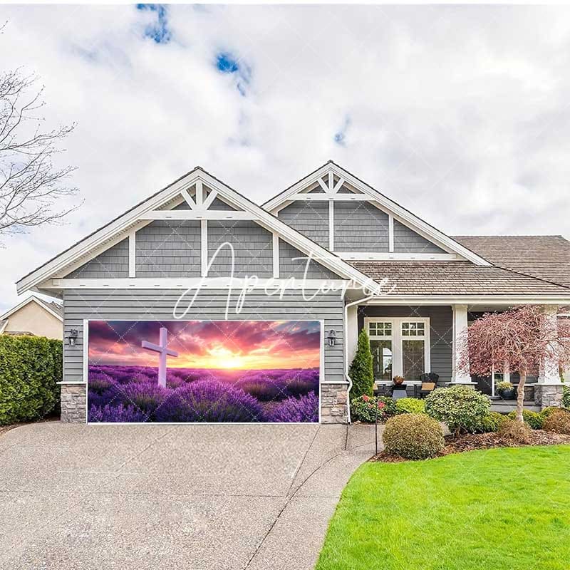 Aperturee - Aperturee Sunrise Purple Floral Cross Easter Garage Door Banner