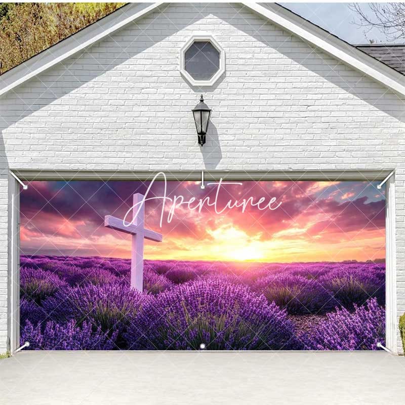 Aperturee - Aperturee Sunrise Purple Floral Cross Easter Garage Door Banner